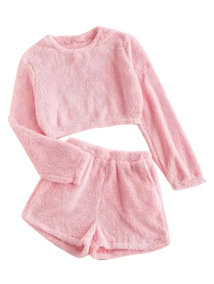 Women's 2-Piece Fuzzy Fleece Pajama Set - Round Neck Longsleeves Cropped Top & High Waist Shorts, Polyester Fitted Cut Warm Cozy Fall Winter Loungewear Sleepwear, Machine Washable