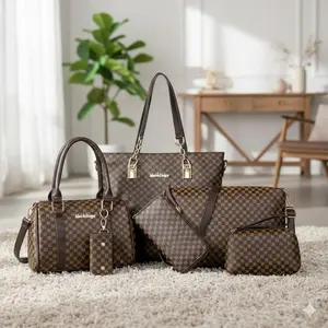 Flower Print Tote Bag 6-Piece Set: Layered Organizer Design with Adjustable Strap, Durable Fabric, Fashionable Patterned Bag for Commute, Weekend Markets, School Style, Short Trips & Multi-Scene Use.