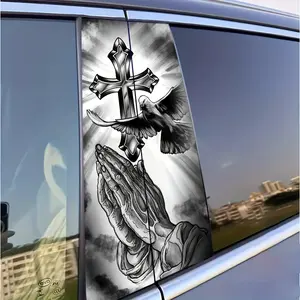 2-Pack Praying Hands with Cross Vinyl Automobile Sticker-Waterproof, B- Pillar with Car Door Scratch-Proof Coverage, Religious Theme