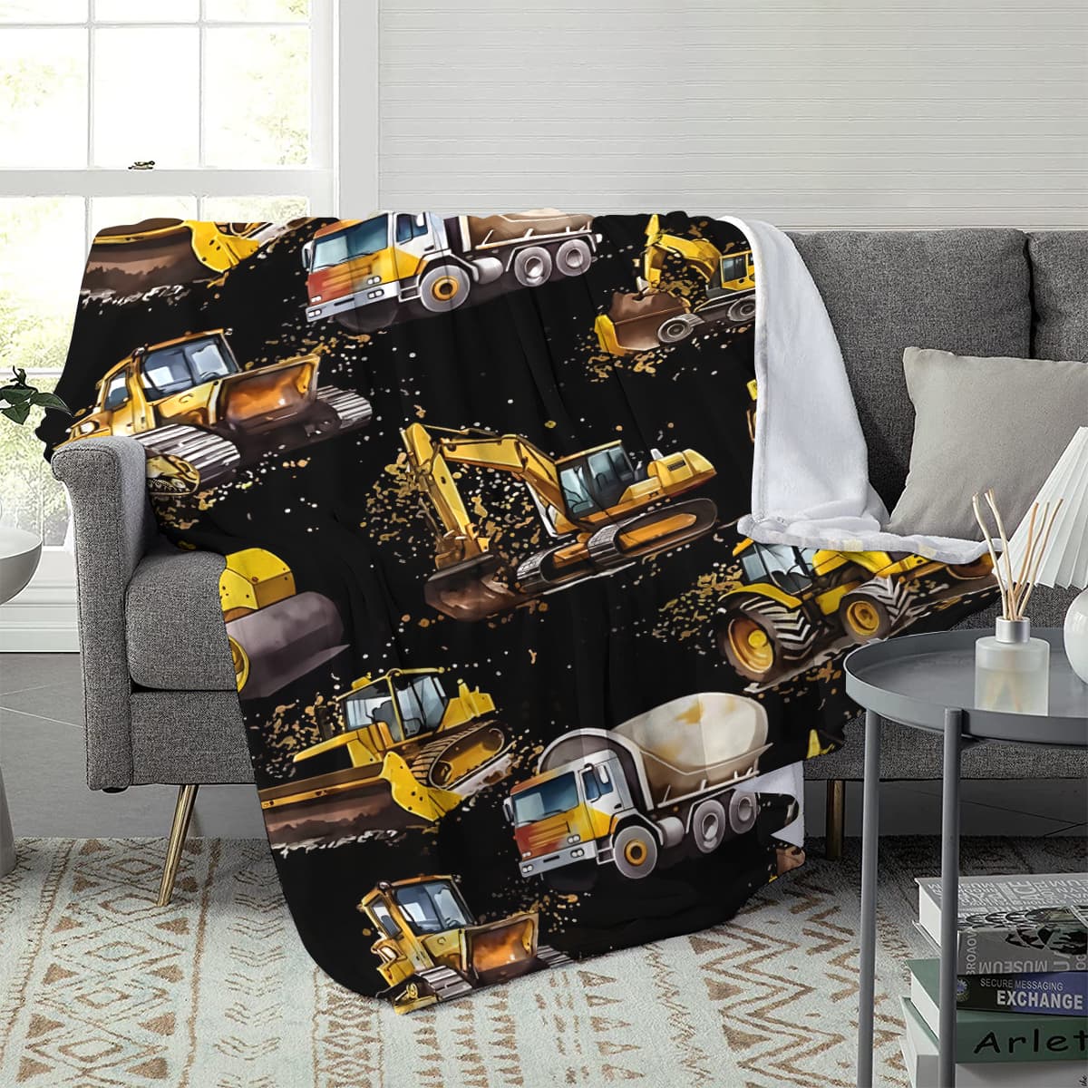 Engineering Car Series Flannel Throw Blanket, Excavator Tractor Pattern, Soft Warm Boy Room Sofa Leisure Blanket, Perfect Gift for Son Grandson