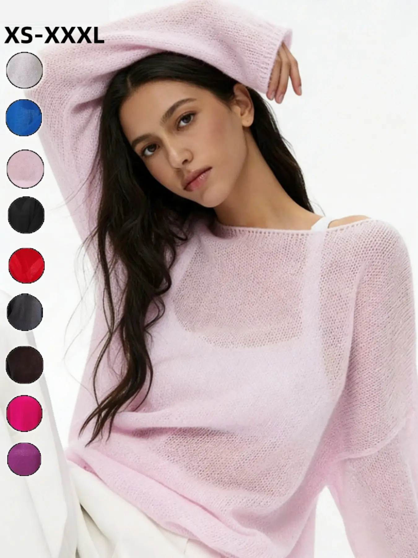 Women's Hollow-Out Knit Top Summer Breathable Beachwear Sun Protection, Loose Mesh Fabric, Sexy Round Neck Transparent Sweater,Can be worn with a bikini