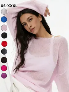 Women's Hollow-Out Knit Top Summer Breathable Beachwear Sun Protection, Loose Mesh Fabric, Sexy Round Neck Transparent Sweater,Can be worn with a bikini