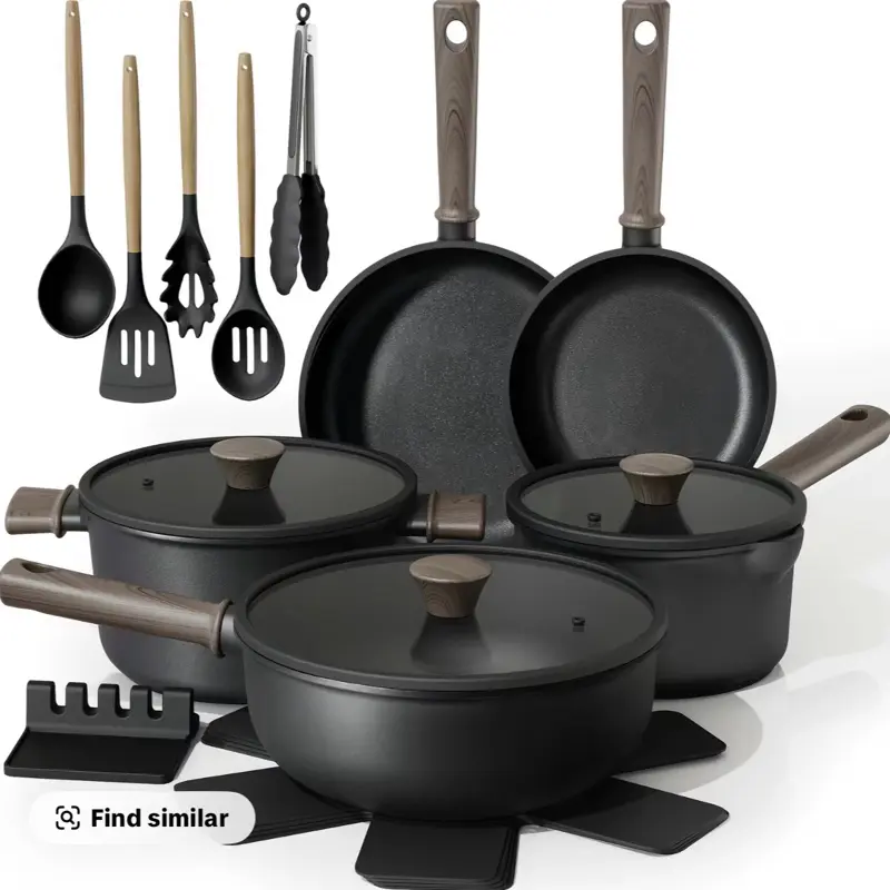 Astercook 18-Piece Non-Stick Pots & Pans Set Induction Compatible Cookware with Wooden Handles for Everyday Home Cooking