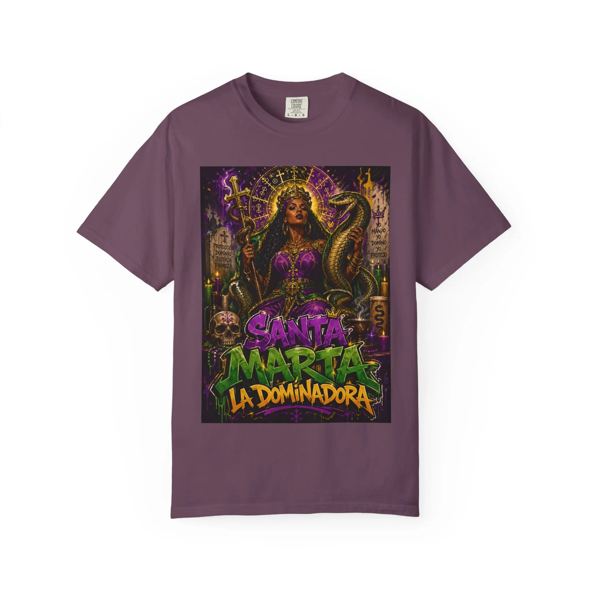 Menswear Short-Sleeve Round Neck Garment-Dyed Heavyweight Cotton T-Shirt, Relaxed Fit with Original Santa Martha La Dominadora Graphic, Fashion Casual Streetwear for Afro-Caribbean Culture Enthusiasts, S–4XL