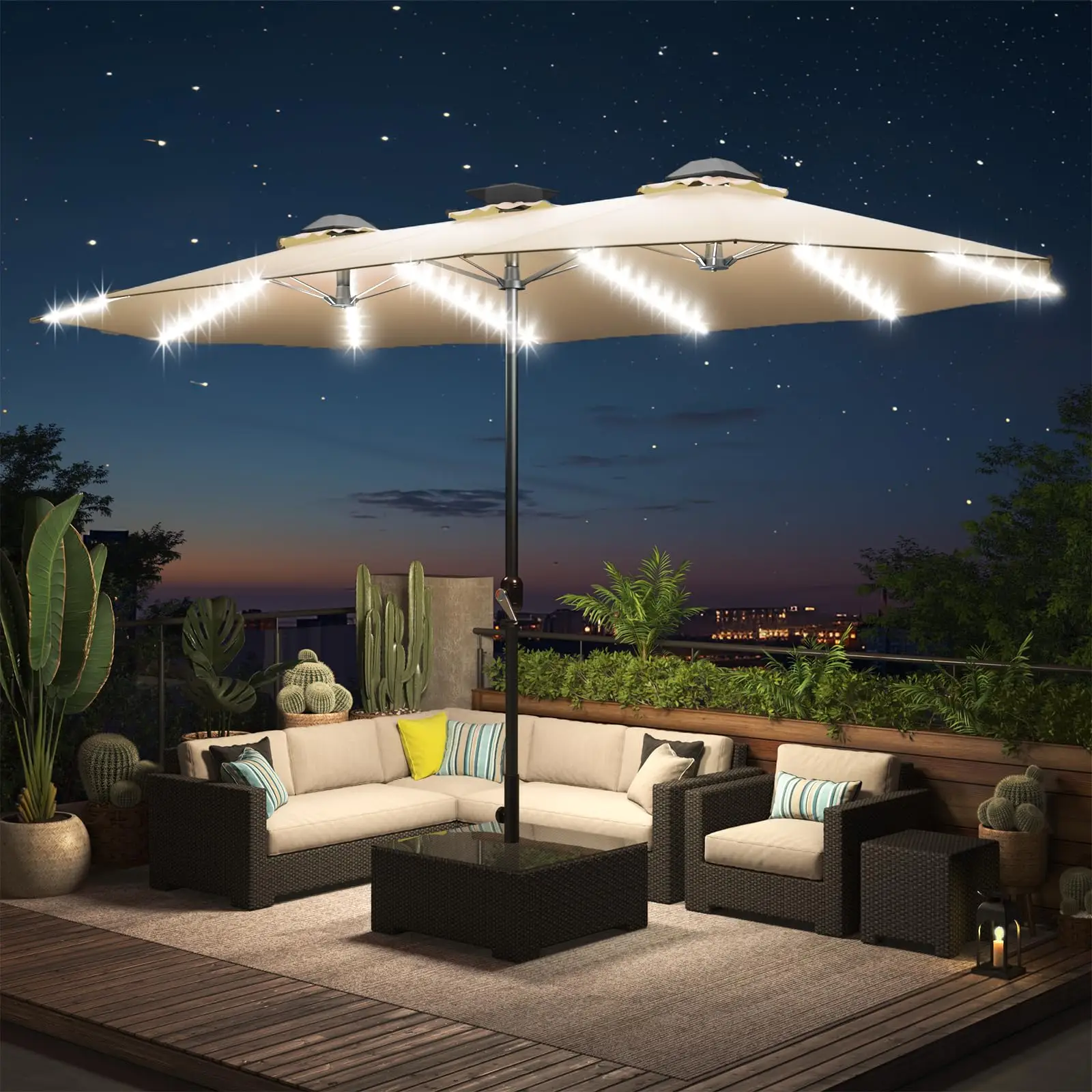 【No Base】YODOLLA 15ft Patio Umbrella with Solar Lights, Large Double Umbrella Outdoor, Rectangle Deck Umbrella with 156 PCS LED Lights