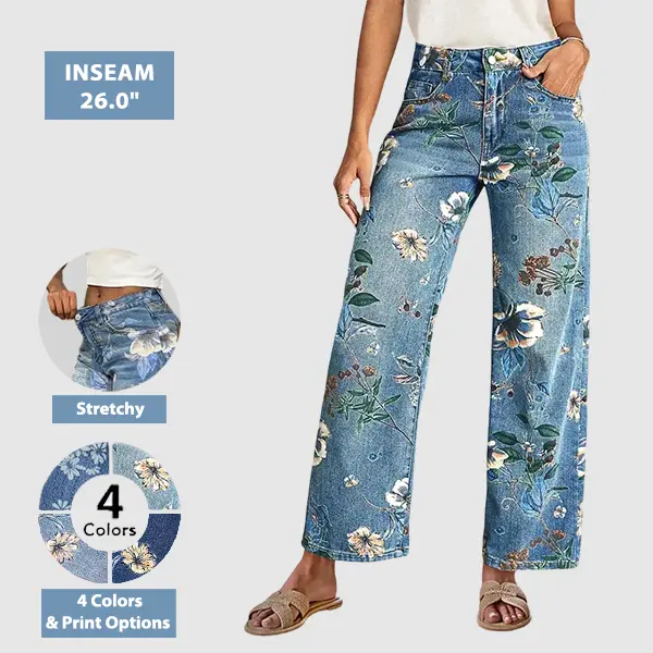 Flamingals Allover Floral Pattern Straight Leg High Rise Crop Jeans Denim Comfort Flamingals Allover Floral Pattern Straight Leg High Rise Crop Jeans Denim Comfort