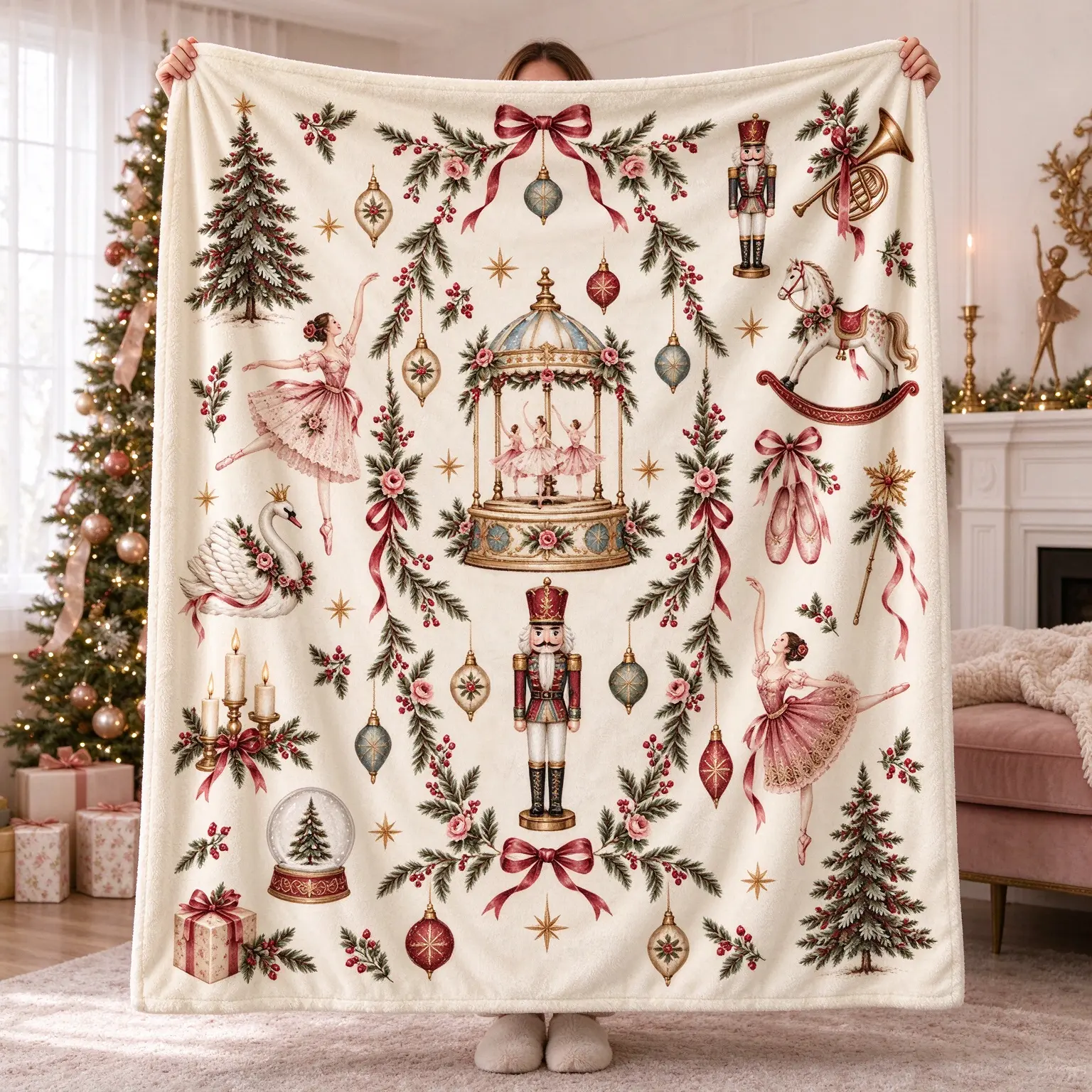 Nutcracker Christmas Flannel Throw Blanket, Vintage Ballerina and Pink Bow Print Cream Holiday Throw with Soldiers Carousel and Swan, Soft Cozy Blanket for Couch Bed Bedroom Dorm, Ballet Dancer Gift for Girls