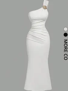 Brooch Decorated Asymmetric Collar Pleated Fish Tail Skirt, Elegant Women's Dress, Perfect for Parties and Special Occasions, Formal Wear