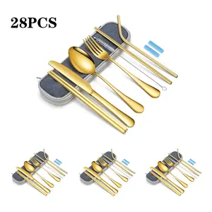28 Piece Golden Portable Utensils for 4, Compact Travel Camping Cutlery Set, including Knife Fork Spoon Chopsticks Cleaning Brush Straws Portable Case, Portable Tableware Set for Outdoor Camping Travel, Camping Kitchenware, Outdoor Camping Supplies