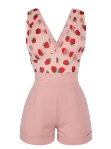 RETROSTAGE Women's Cute Strawberry Print Pink V-Neck Mesh Patch Sleeveless Romper - Chic Casual Short Jumpsuit, Y2K Trendy Retro Embroidery Summer Overalls