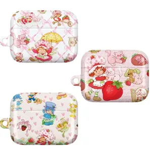 Retro Strawberry Dessert Protective Cover for Handheld Wireless Earbuds, Cute Pastel Berry Cartoon Case with Carabiner Clip, Charging Cutout, Compatibility with Gen 1-4 & Pro 1-2 Headphone Accessories (Offers Durable Protection)