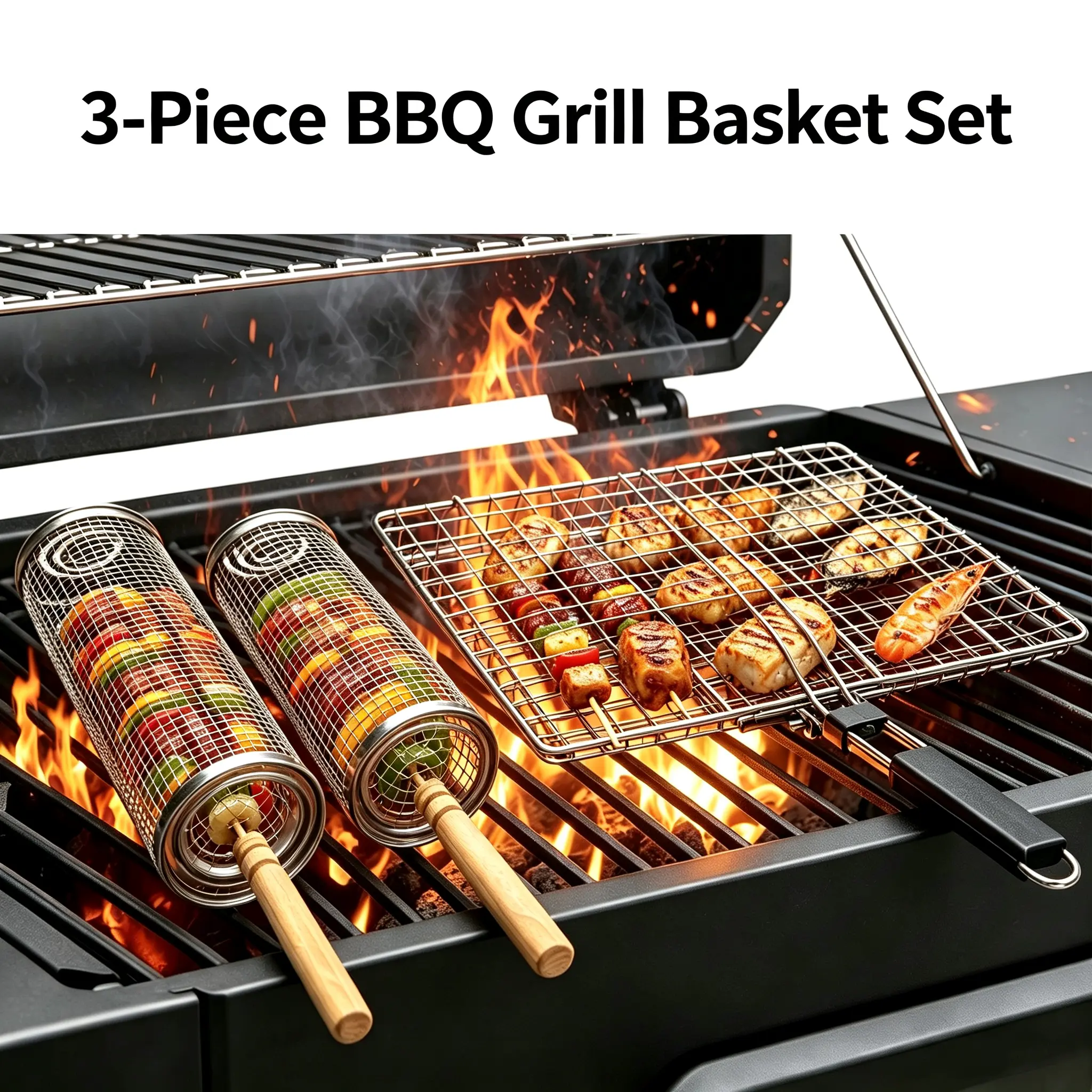 3-Piece Grill Basket Set with Detachable Beech Wood Handle, Heavy Duty 304 Stainless Steel Cylindrical BBQ Tools for Vegetables, Meat & Shrimp, Outdoor Camping & Kitchen Cooking, Perfect Gift for Men, Dad & Husband - Includes Storage Bag