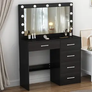 5 Drawers Vanity Desk Set with Large 11 LED Lighted Mirror for Bedroom Black Makeup Dressing Table Gift for Girls