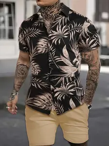 Men's casual shirt two-piece set: Leaf-patterned Hawaiian shirt + summer sports shorts set Clothes