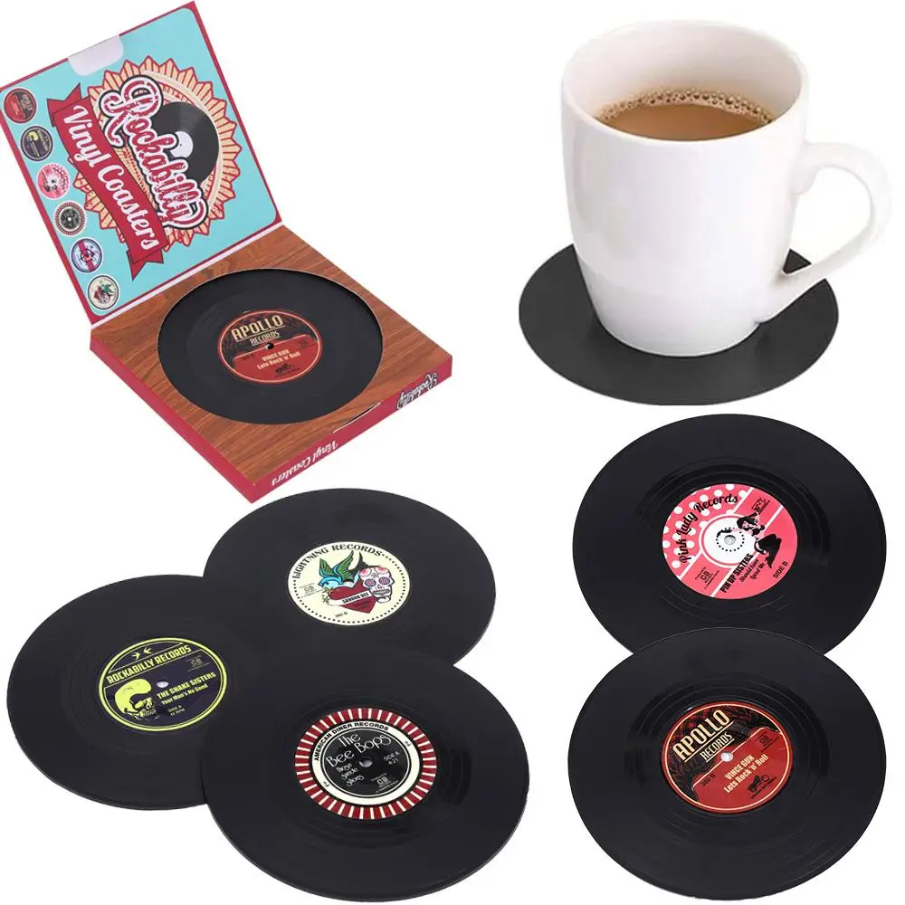 Silicone Record Design Coaster, 6 Counts Non-slip Round Cup Coaster, Retro Style Record Mug Mat, Table Decoration for Music Lovers Kitchen Decoration,