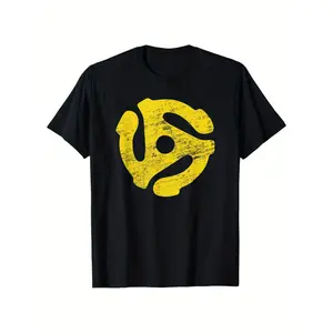 Men's Black Cotton T-Shirt with Vintage Vinyl Record Player Graphic - Casual Short Sleeve Crew Neck, Ideal for Outdoor and Back to School Wear, Outdoor Apparel |   Retro Style Shirt |   Machine Washable Top y2k   graphic tee