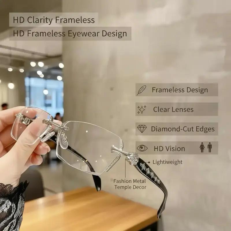 Frameless HD Vision Glasses with Clear Lenses Diamond-Cut Edges Fashion Metal Temple Decor for Computer Street Style Party Unisex Women Men Daily