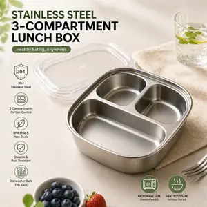 Stainless Steel Convenient Three Compartment Tray with Box, Durable Food Storage Container, Ideal for Lunches and Snacks