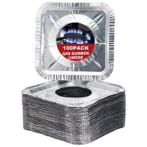 Disposable Gas Burner Liners (100 Pack) Aluminum Foil Square Gas Stove Burner Covers - 8.5 Inch Gas Range Protector, Stove Top Covers for Gas Burners, Foil Liners to Catch Oil, Grease, and Food Spills