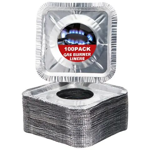 Disposable Aluminum Foil Square Gas Burner Liners, 100-pack Supply, 8.5 in Full Cover Standard Size, Durable Oil-Proof Cookware Accessory for Busy Cooks' Cooking, Fits Most Burners, Catches Oil Grease Food Spills