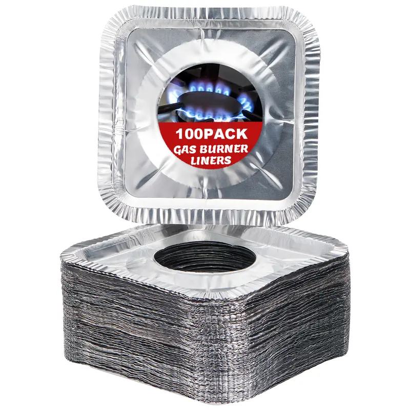 Disposable Aluminum Foil Square Gas Burner Liners, 100-pack Supply, 8.5 in Full Cover Standard Size, Durable Oil-Proof Cookware Accessory for Busy Cooks' Cooking, Fits Most Burners, Catches Oil Grease Food Spills