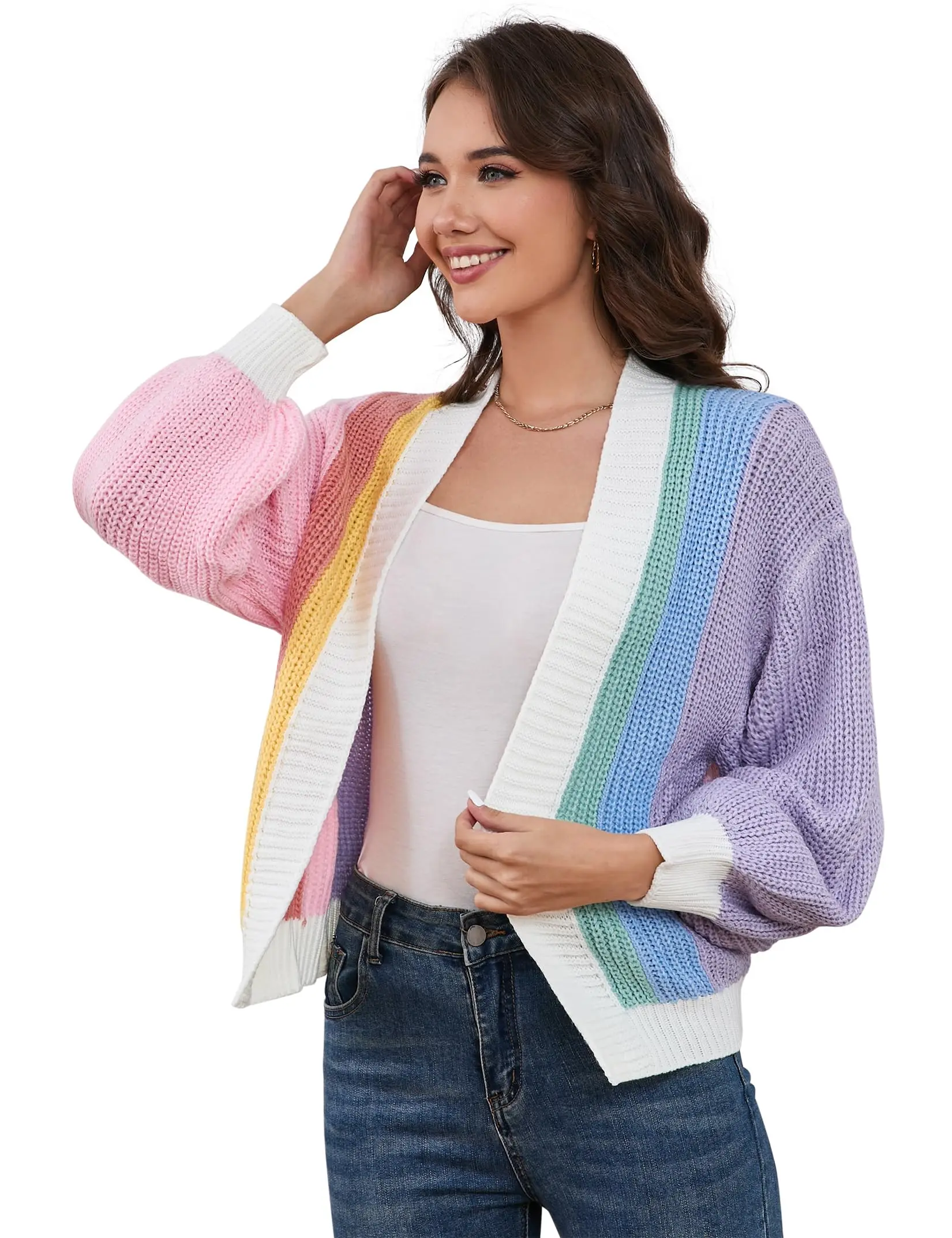 GARVEE Women's Color Block Open Front Long Sleeve Cardigan Sweater Ribbed Knit Cropped Cardigan Sweaters for Casual, Light Blue, Small