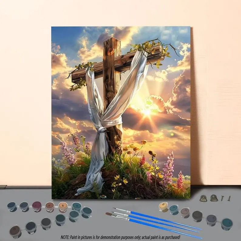 [SALE UP TO 50%] Cross & Flower Pattern DIY Painting By Numbers Kit, 1 Set DIY Paint By Numbers Kit without Frame, Wall Art Decoration for Home Living Room Bedroom UNFRAMED AESTHETIC CANVAS POSTER
