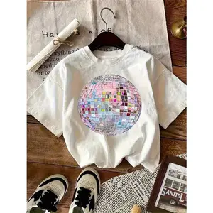1 Piece Women's Retro 80s Disco Party T-Shirt With Mirror Ball And Disco Dance Print - Loose Casual Short Sleeve Round Neck White Top, Breathable Fabric Suitable For 80s Themed Events, Birthday Party Outfits And Daily Wear, Comfortable Fit, Machine Washab