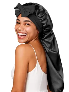 Ladies' fashionable long tube elastic bonnet with tied bow, soft and comfortable fit, suitable for long hair, sleep hat