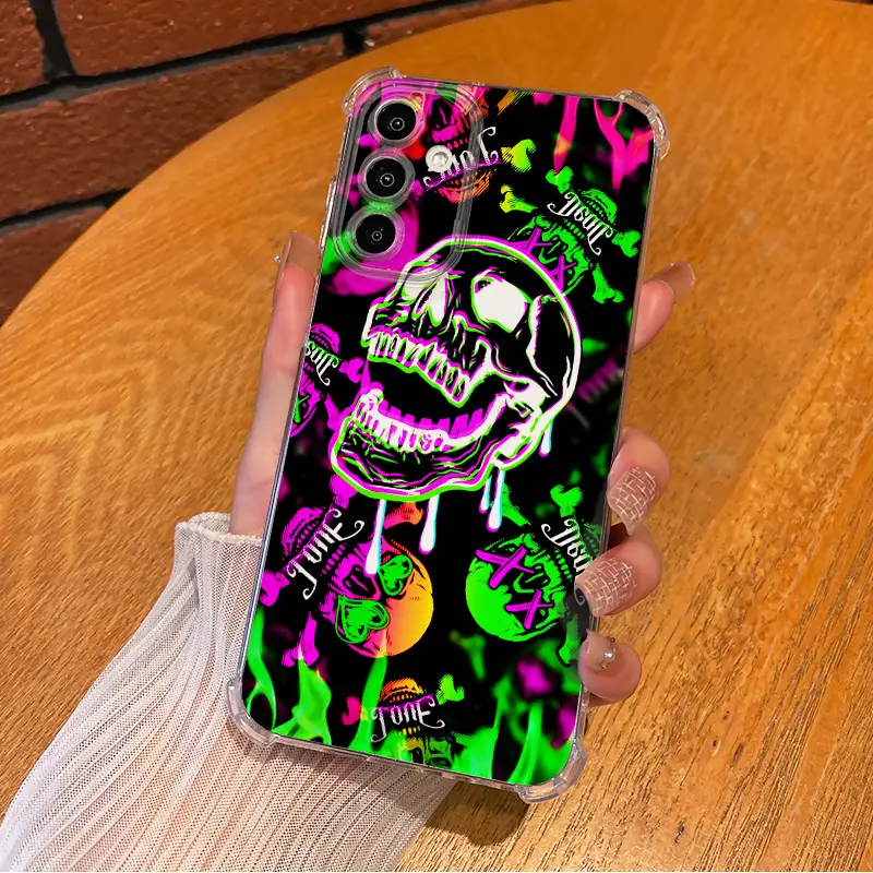 Neon skull graffiti pattern on black background Green Flame Rock Design Aesthetic TPU Casing For SAMSUNG GALAXY A14A15A16A25A26A34A35A36A53A54A55 IPHONE 17 Four Corners Transparent Soft Silicone TPU Gift Shockproof Anti-Drop Phone Cases Shell Cover L1099