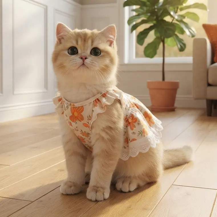 Floral Lace Sling Cat Dress, Breathable Summer Sundress Cute Orange Flower Print Pet Clothes, Comfortable Sleeveless Outfit for Kittens Small Cats