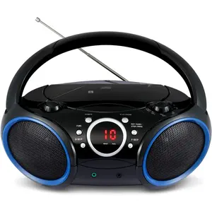 SBX030C Portable CD Player Boombox with AM/FM Stereo Radio, Aux Line-in, Headphone Jack, Top-Loading Disc Player, AC or  , Foldable Handle (Black with Blue Rims)