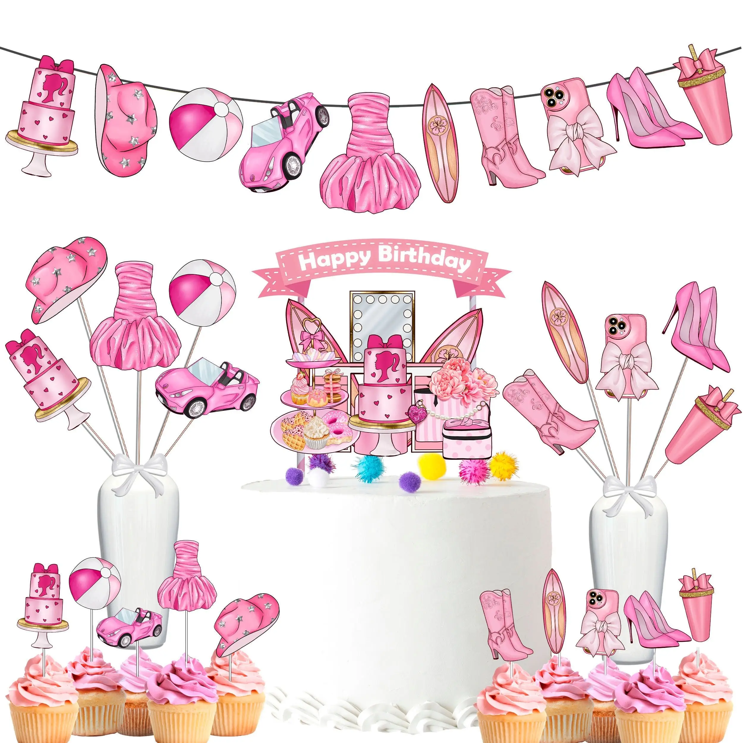 Ultimate Glamorous Pink Doll Party Decor Set - Stylish Cake Topper, Cupcake Toppers, Centerpieces & Banner for Baby Showers and Birthdays