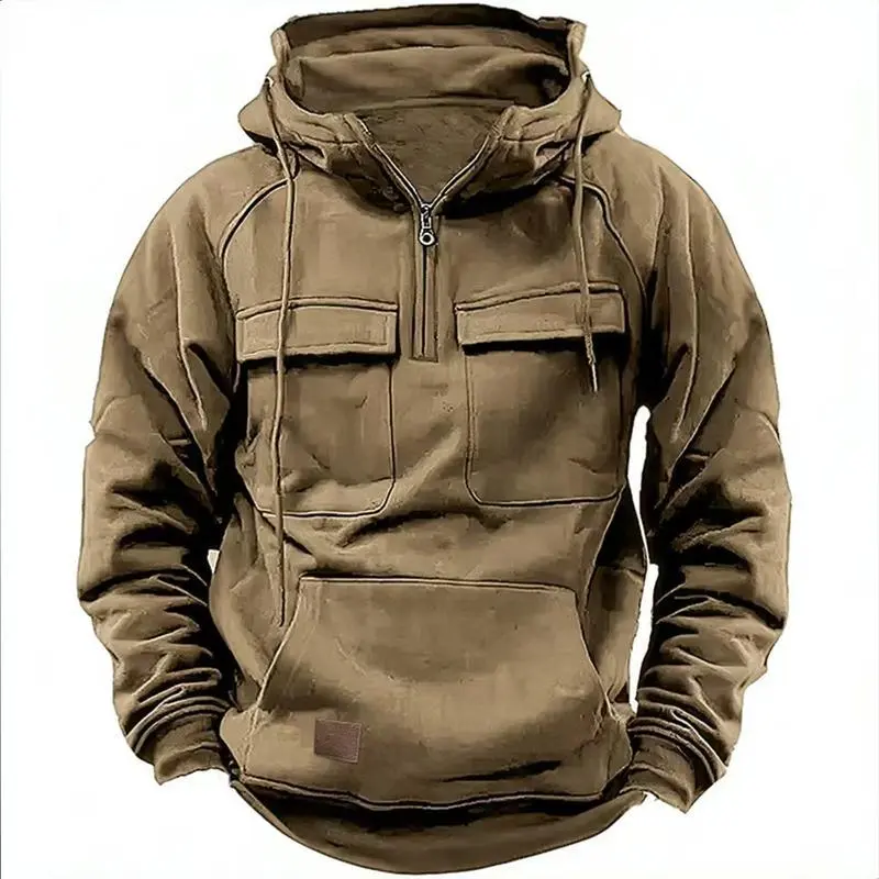Cargo Hoodies for Men Tactical Sweatshirt Quarter Zip Cargo Pullover Hoodies Workout Gym Men Fashion Outdoor Hoodie Long Sleeve