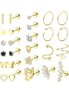 26Pcs Surgical Steel Flat Back Earrings for Women Multipack Versatile Earrings Cartilage Earring Studs Hoops CZ Heart Butterfly Helix Piercing Jewelry Flat Back Design 16G-20G Trendy Jewelry