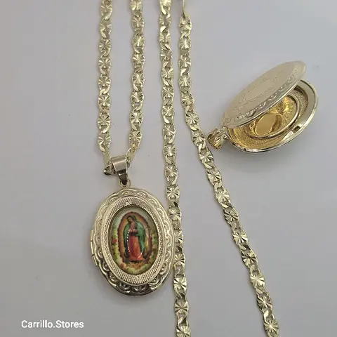 Reliquary religious style necklace with Virgin Mary gold-plated 18"inches shorter 24"inches bigger sizes available one pendant one chain only