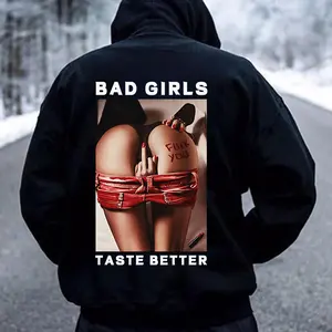 Unisex Pure Cotton Long-Sleeve Pullover Sweatshirt, "Bad Girls Taste Better" Graphic, Soft Durable Warm Material, Casual Retro Street Wear, Machine Washable, Men's Gift Option, Tattoo-Inspired Design