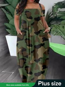 【plus size】 all over print off shoulder camo dress, casual loose short sleeve long dress for summer, dresses for women, women's clothes for daily wear, classy dresses, moo moo dresses, womenswear