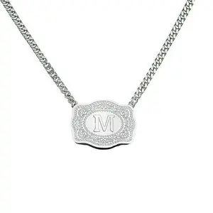 Women's Copper Alphabet Necklace - 26 Embossed Monogram Belt Buckle Design, Personalized Silver Initials, Bead-Accented Chain, Trendy Fashion Accessory Gift for Unisex Use