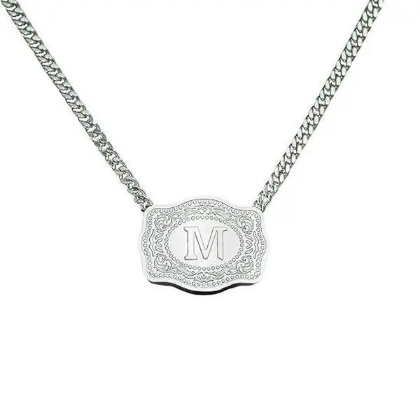 Women's Copper Alphabet Necklace - 26 Embossed Monogram Belt Buckle Design, Silver Initials, Bead-Accented Chain, Personalized Custom Initial Jewelry Gift for Women, Initial Necklaces