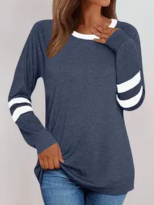 Plus Size Women's Long Sleeve T-Shirt, Colorblock Design, Patchwork, Casual Round Neck Top, Basic Tee for Daily Wear, Fashionable Comfort, Everyday, Streetwear, Womenswear, Piece