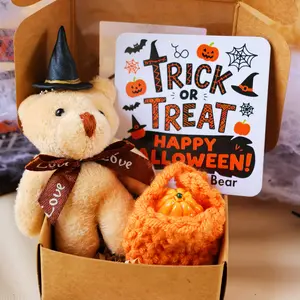 1pc, Halloween Teddy Bear, Mini Pocket Bear Hug In a Box, Cute Pocket Bear with Halloween Card, Pumpkin & witch hat, Unique Halloween Present for Family & Friends, Adorable Pocket Size Design