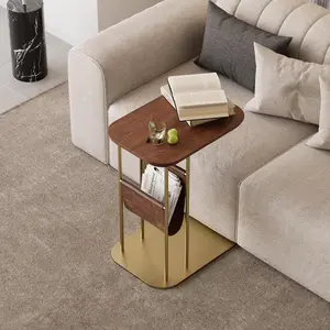 Homary C-Shaped Side Table, 360° Rotating End Table with Storage, Walnut & Gold Sofa Table with Magazine Rack, Space-Saving Table for Living Room & Bedroom (Walnut)