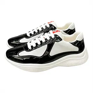 Men's Patent Leather & Mesh Sneakers, Sporty Chic Lightweight Platform Shoes with Cushioned Non-Slip Sole for City Walks & Casual Outings
