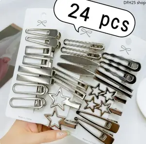 24Pcs/Set Y2K Silver Metal Hairpins for Women Girls Star Hair Clip Multiple Styles Seamless Duckbill Clip Girls Hair Accessoires