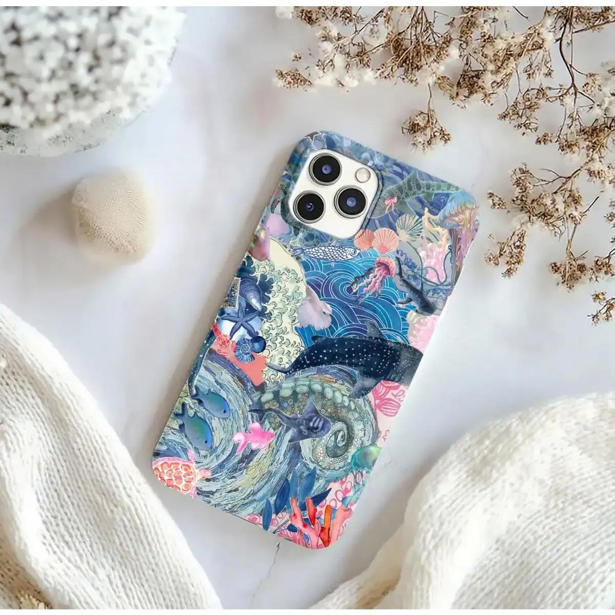 Durable Underwater Aesthetic Smartphone Case - Dreamy Blue Ocean Wonderland Whale,Jellyfish,Coral,Deep Sea Creature,Shell Collage - Shockproof Handheld Wireless Devices Casing for iPhone 15,14,13,12 Pro Max & Samsung Galaxy S25,S24,S23 Ultra
