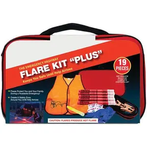 PRO-SAFE Highway Safety Kits, Type: Emergency Roadside Kit, Number of Pieces: 19, Contents: (2) Carrying Cases, (2) Shop Cloths, (5) 20-minute Flares, Bright Safety Vest, First Aid, Light Stick, Premium Jumper Cable (8 10 Gauge) 95-07-58