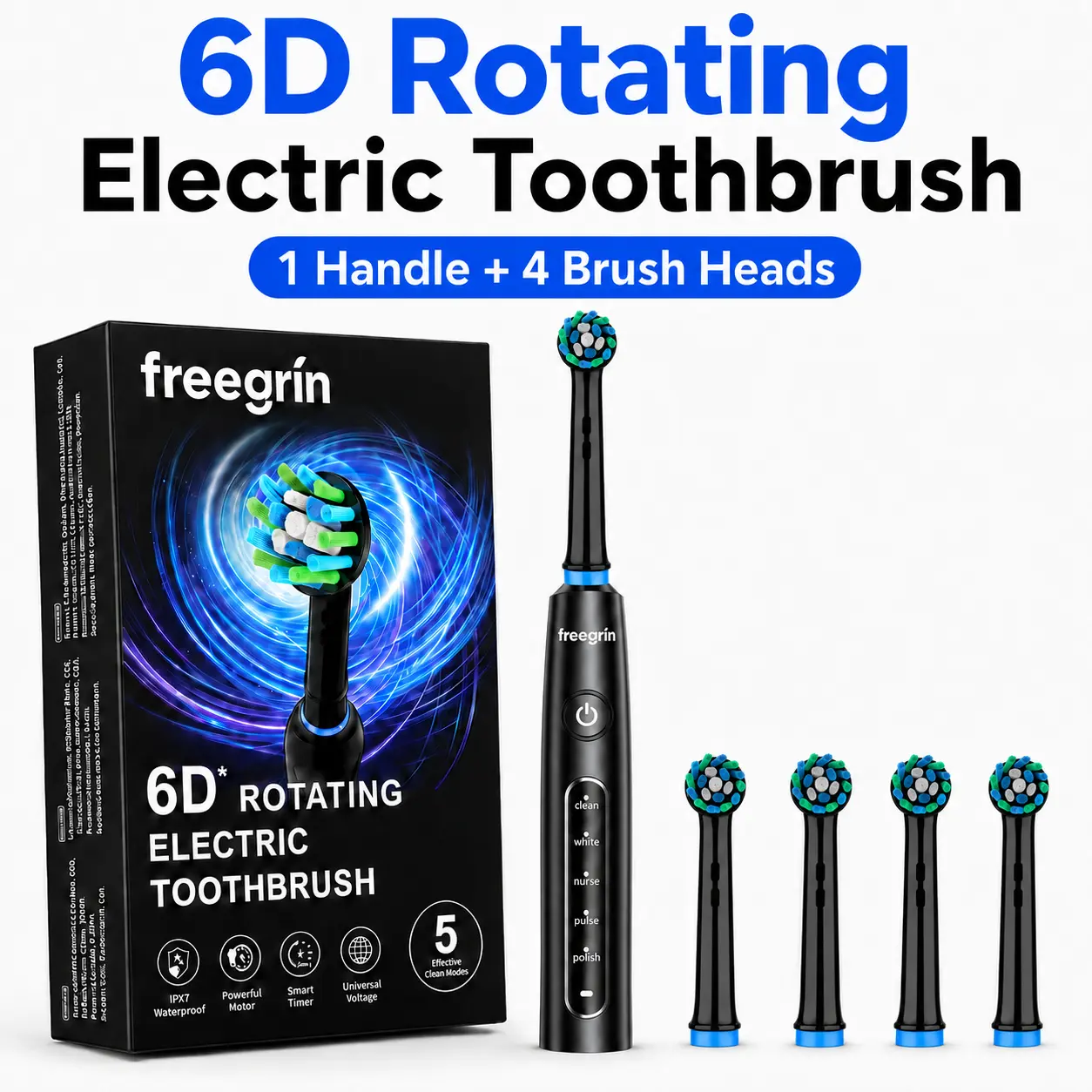 Rotating Electric Toothbrush for Adults, 6D Rechargeable Power Toothbrush with 4 DuPont Brush Heads, 5 Cleaning Modes, 2-Min Smart Timer, Type-C Fast Charging, IP67 Waterproof, for Home & Travel