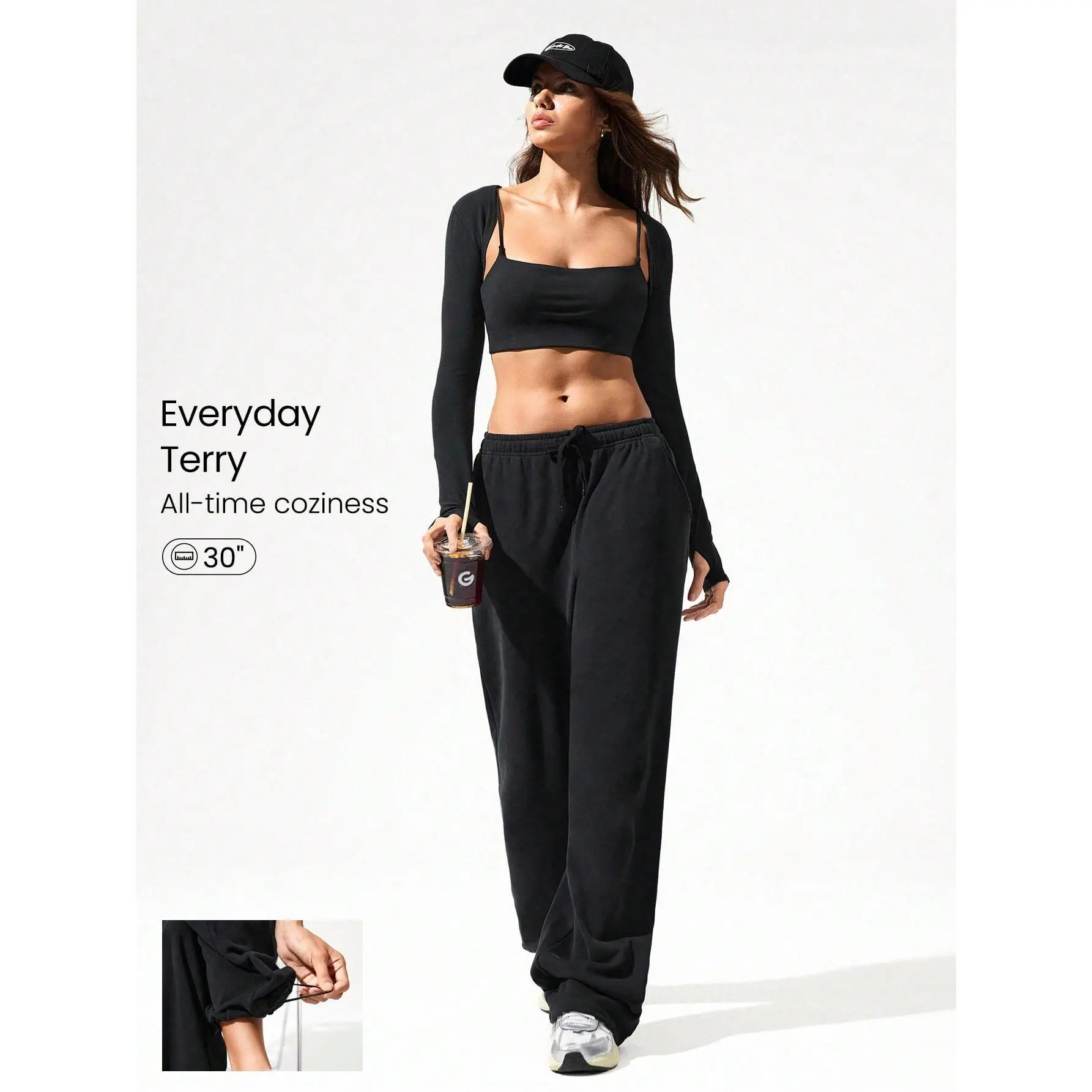 GLOWMODE Everyday Terry Two-Way Wear Adjustable Drawstring Waist Leg Cord Wide Leg Jogger Sweatpants With Side Pockets Daily Casual Wear