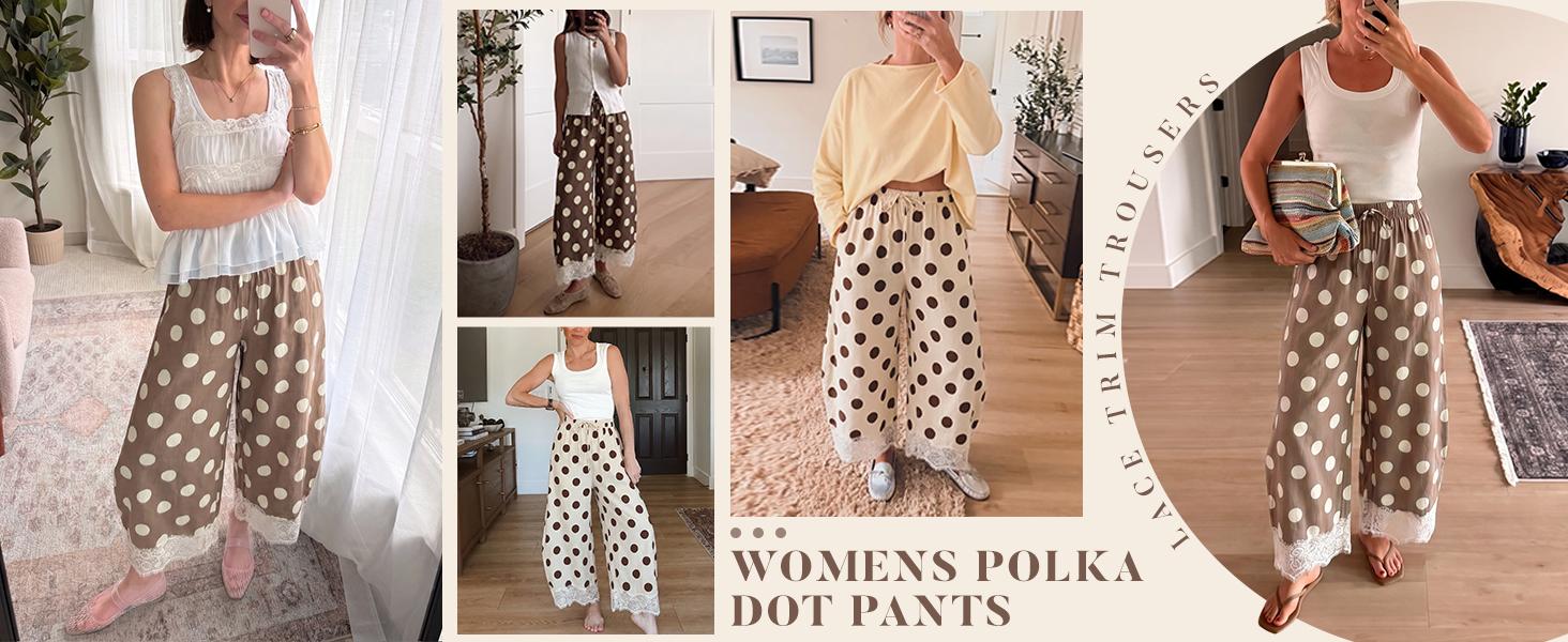 UANEO Womens Polka Dot Wide Leg Palazzo Pants High Waisted Summer Lace Trim Cropped Baggy Trousers with Pockets UANEO Womens Polka Dot Wide Leg Palazzo Pants High Waisted Summer Lace Trim Cropped Baggy Trousers with Pockets